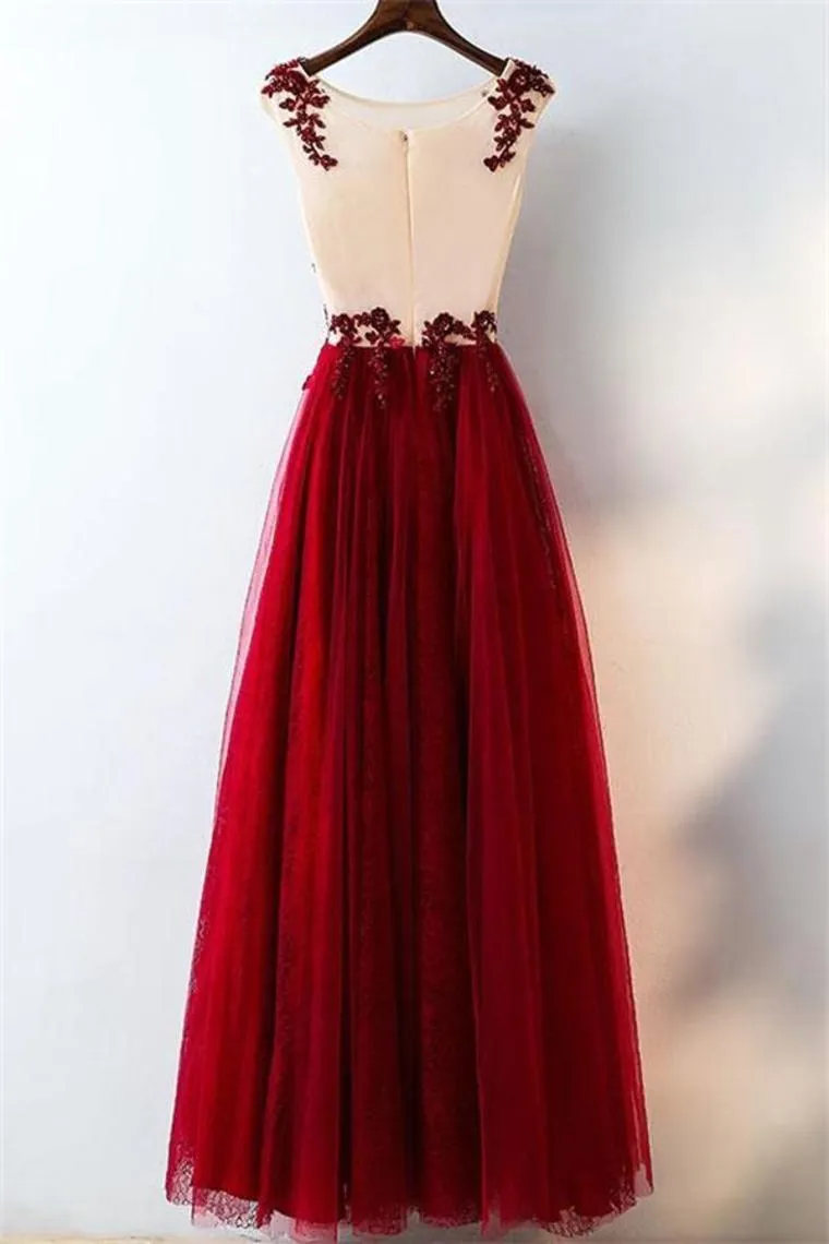 Elegant Burgundy A-Line Lace Tulle Prom Dresses Beautiful Party Dresses