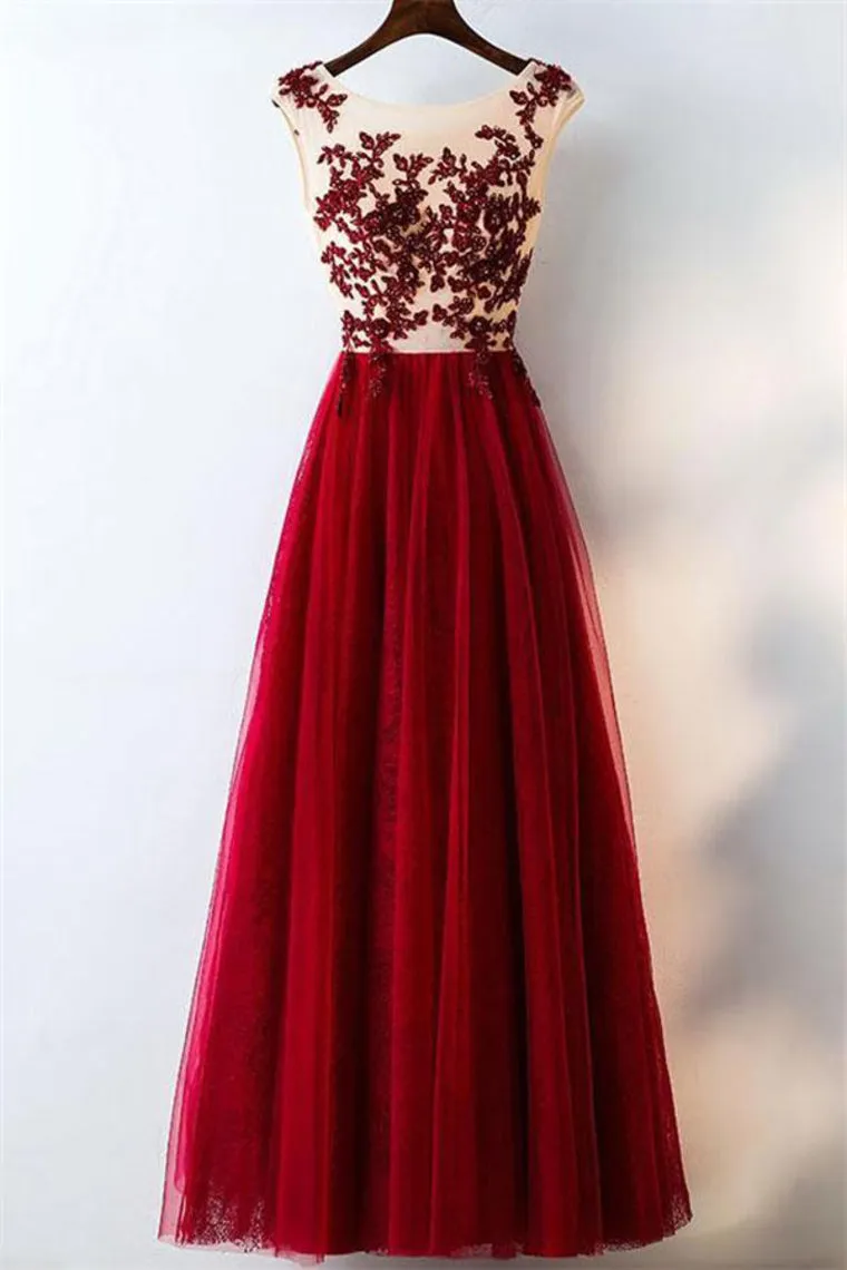 Elegant Burgundy A-Line Lace Tulle Prom Dresses Beautiful Party Dresses