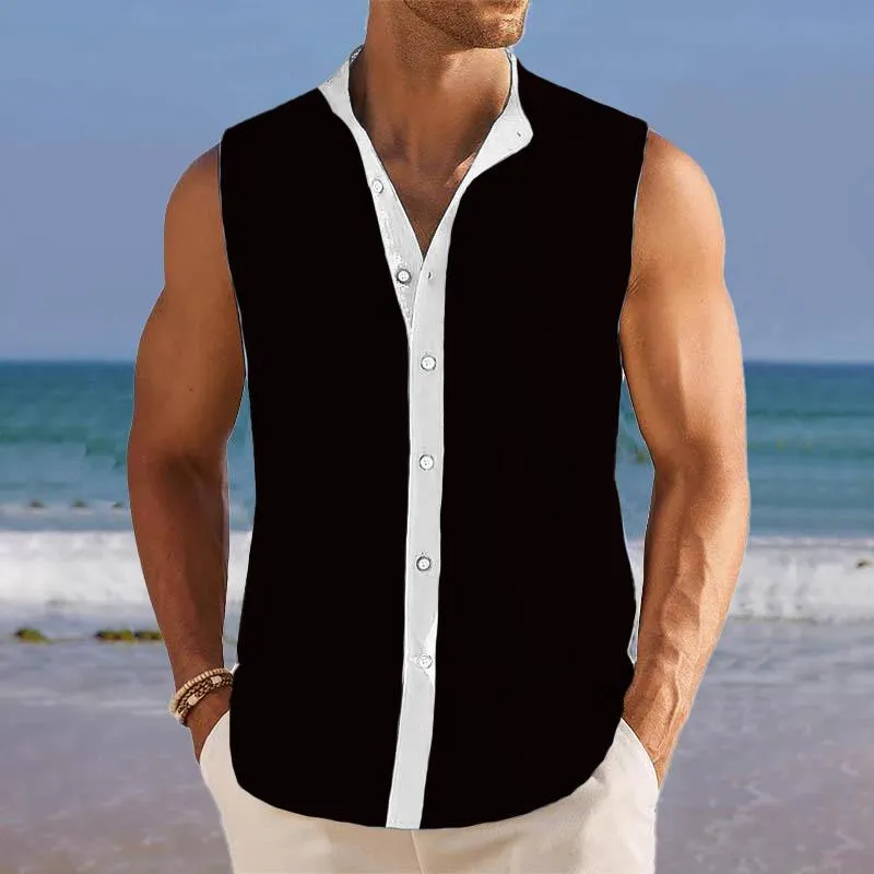 Men's Breathable Linen Lapel Beach Sleeveless Shirt 01104059YM