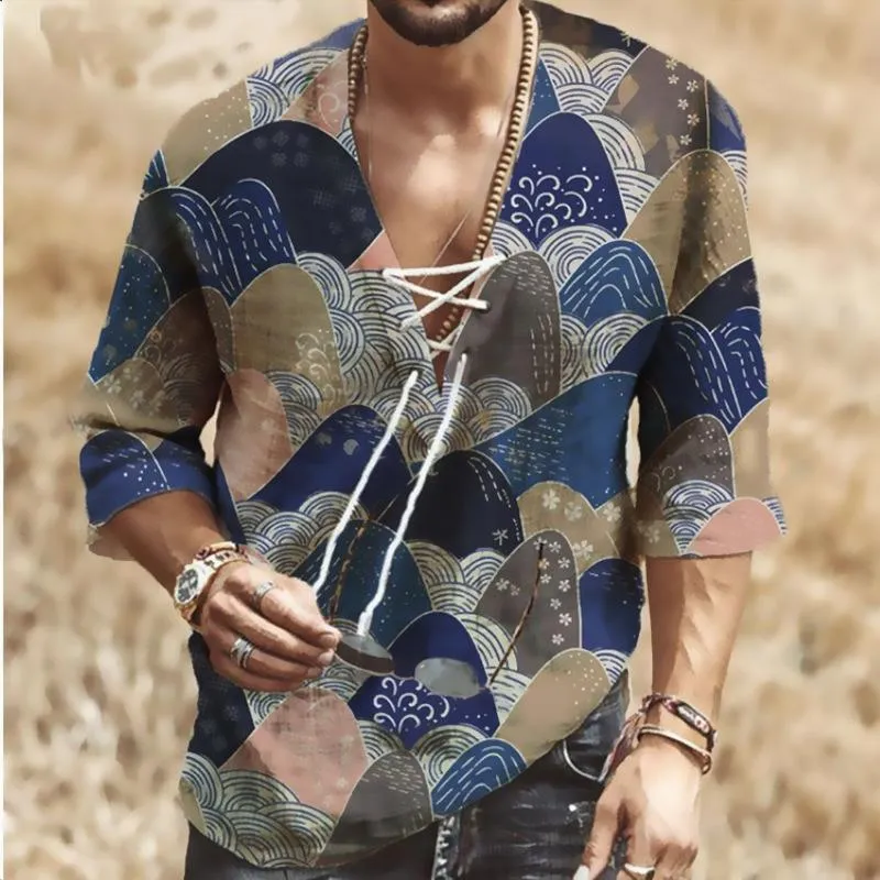 Men's Chest Tie V-Neck Long Sleeve Printed Shirt 84071212YM