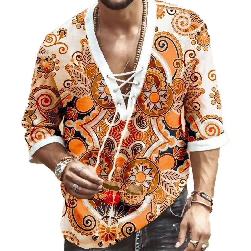 Men's Chest Tie V-Neck Long Sleeve Printed Shirt 84071212YM