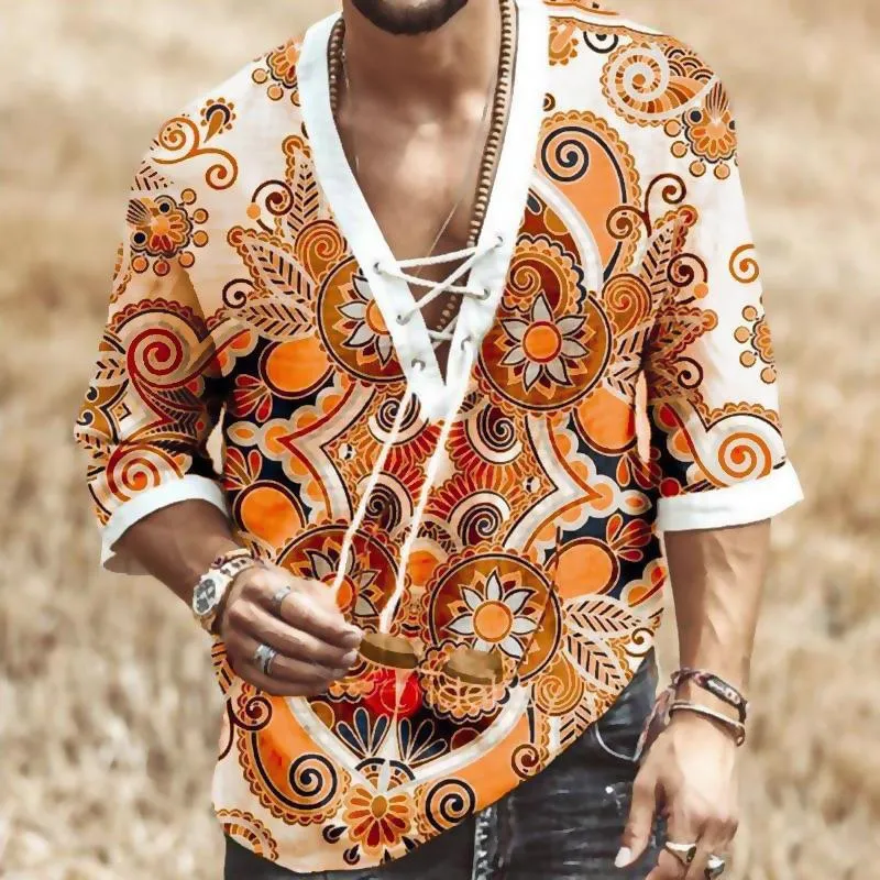 Men's Chest Tie V-Neck Long Sleeve Printed Shirt 84071212YM