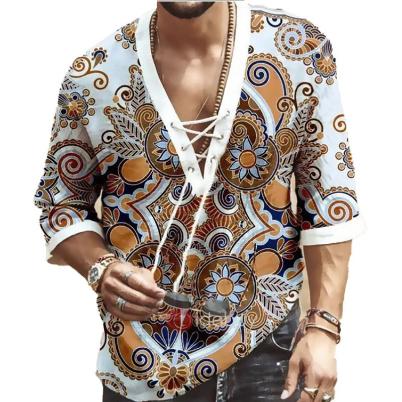 Men's Chest Tie V-Neck Long Sleeve Printed Shirt 84071212YM