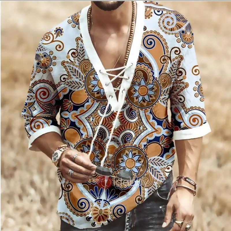 Men's Chest Tie V-Neck Long Sleeve Printed Shirt 84071212YM