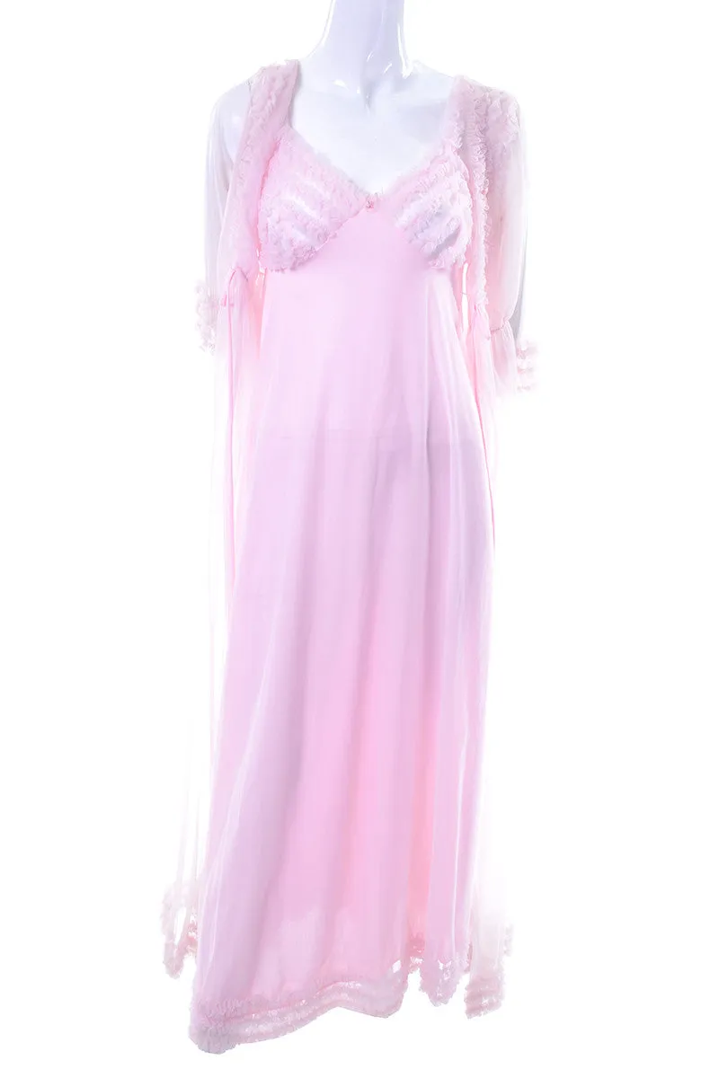 Pink Ruffled Vintage Chiffon Peignoir Set With Nightgown and Robe