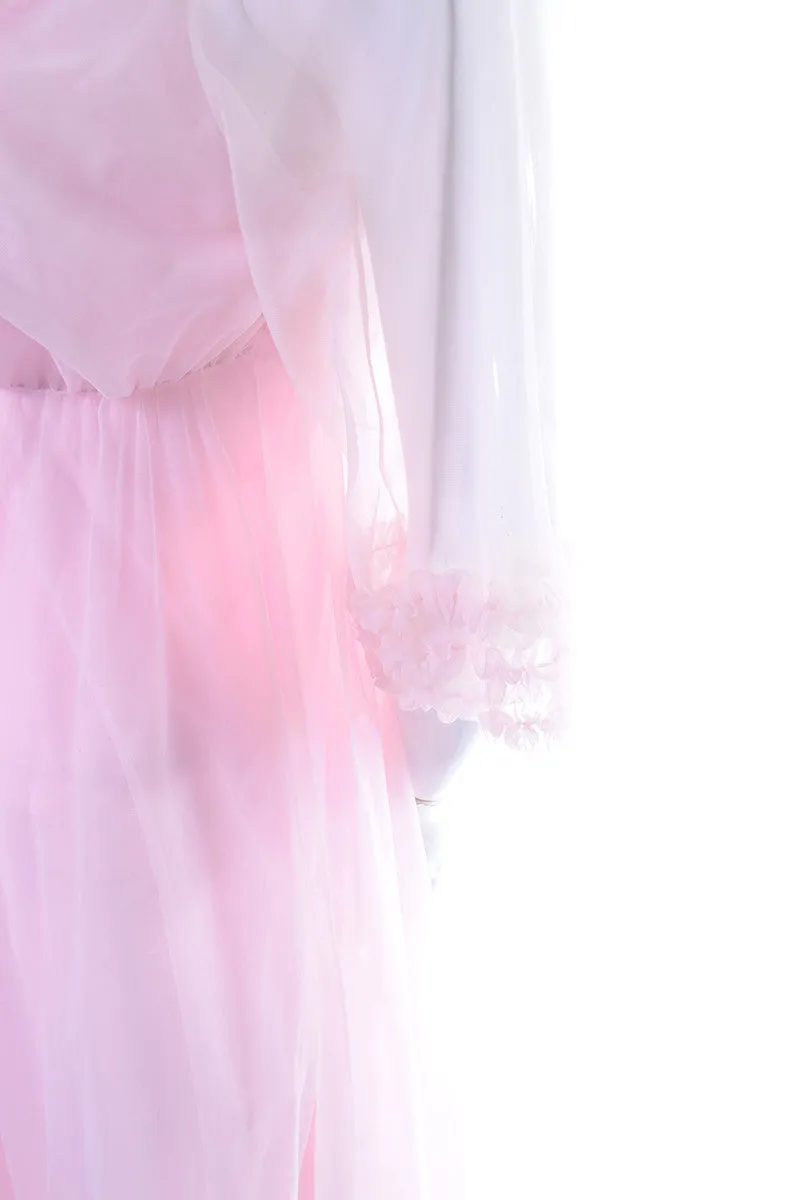 Pink Ruffled Vintage Chiffon Peignoir Set With Nightgown and Robe