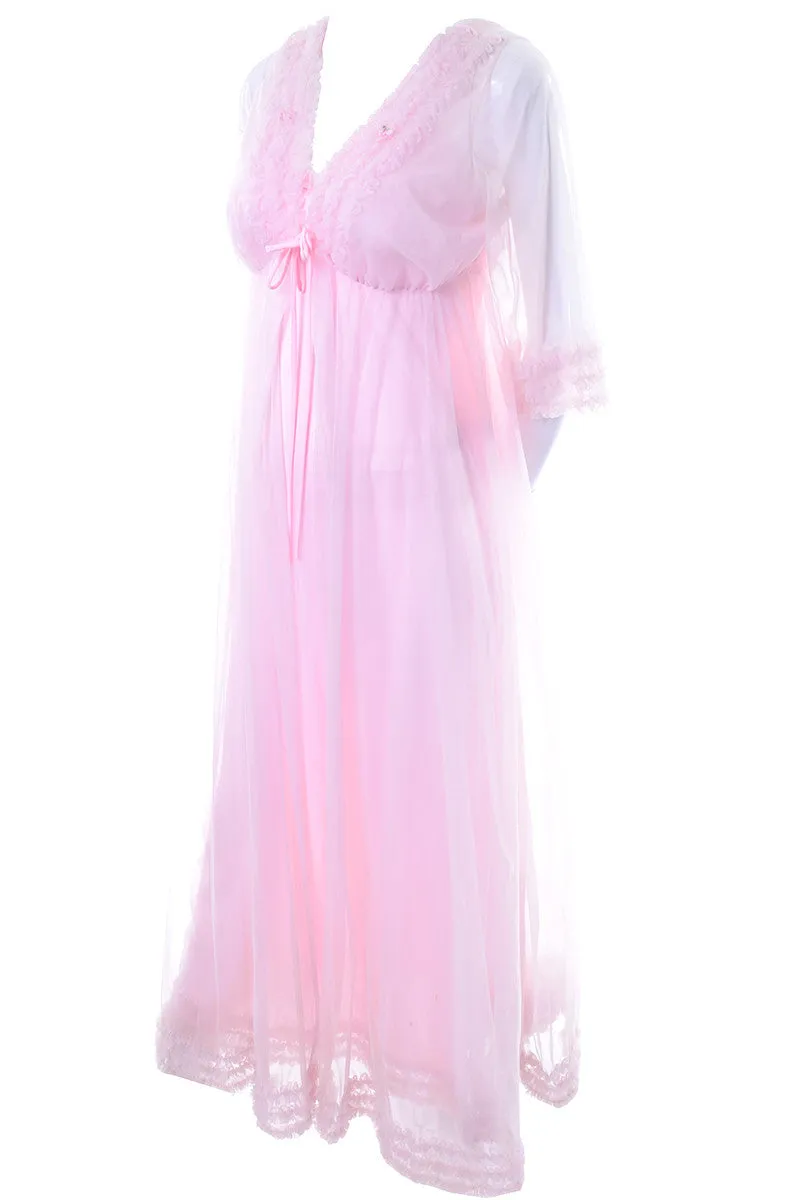 Pink Ruffled Vintage Chiffon Peignoir Set With Nightgown and Robe