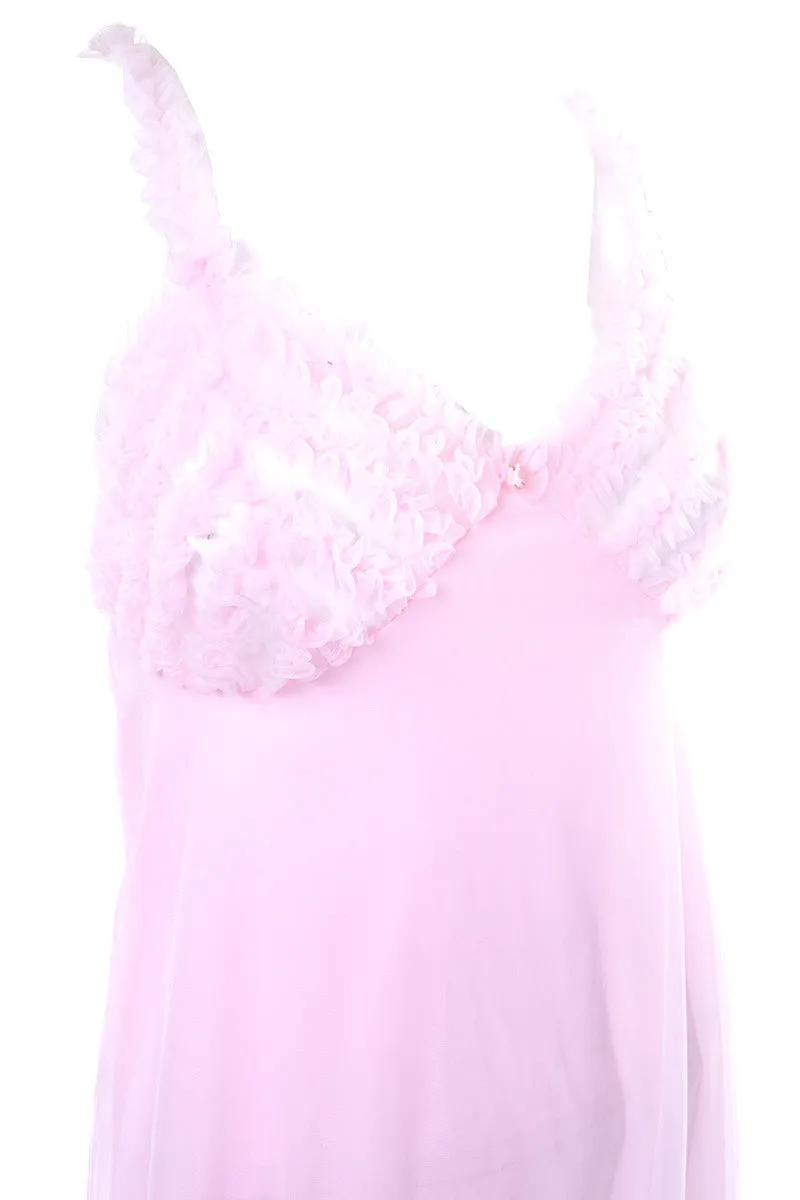 Pink Ruffled Vintage Chiffon Peignoir Set With Nightgown and Robe