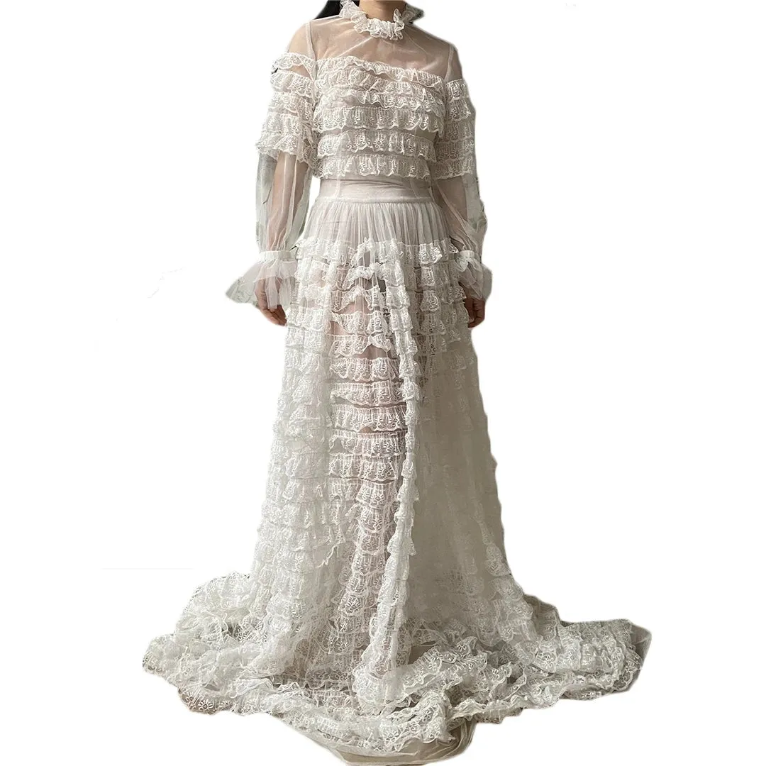 TAVIMART  -  Summer Robes Women's Prom Dresses Lace Photo Shoot High Collar Long Sleeve Birthday Party Bridal Fluffy Party Gown Custom Made