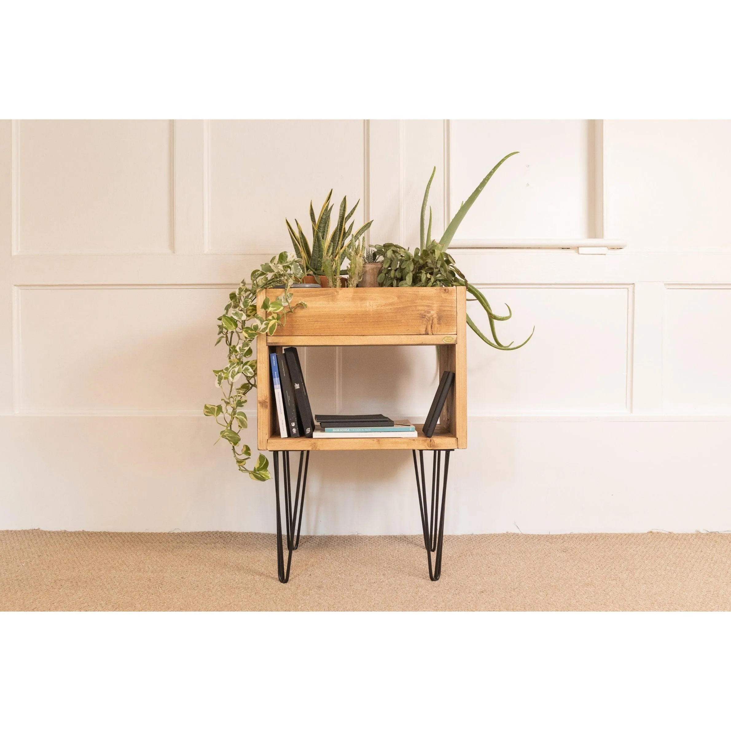 TULASI: Reclaimed Handmade Wood Indoor Planter and Storage Unit with Hairpin Legs