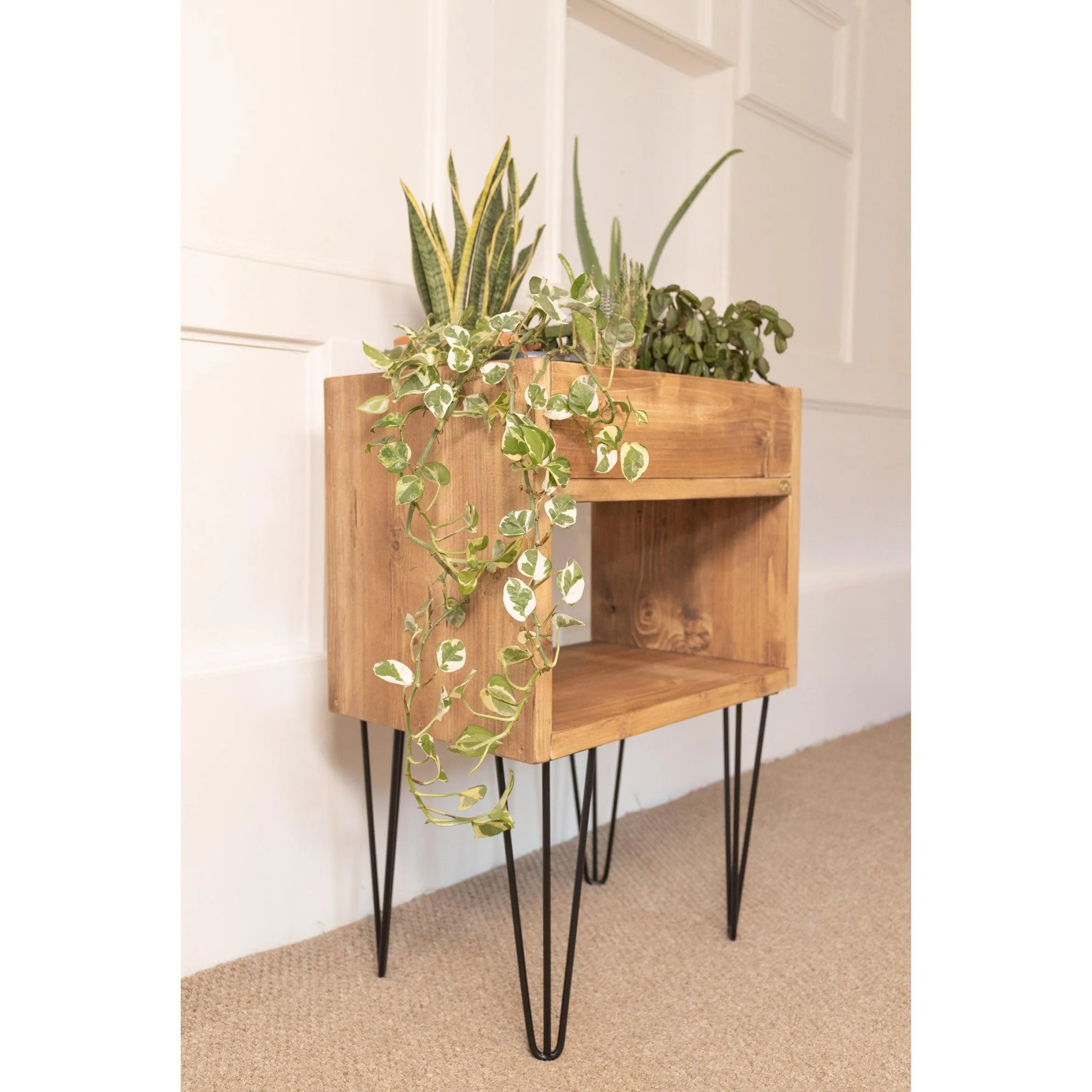 TULASI: Reclaimed Handmade Wood Indoor Planter and Storage Unit with Hairpin Legs