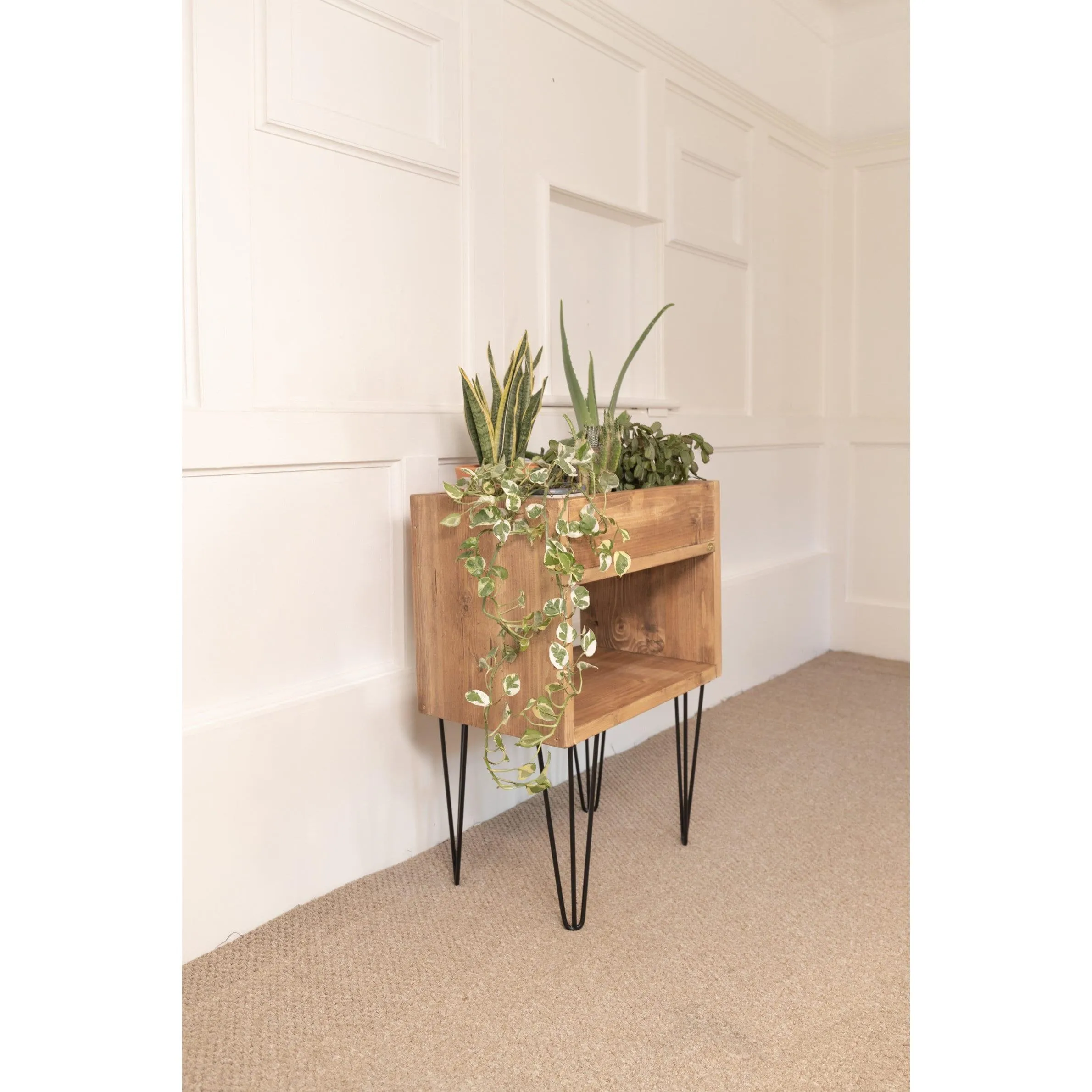 TULASI: Reclaimed Handmade Wood Indoor Planter and Storage Unit with Hairpin Legs