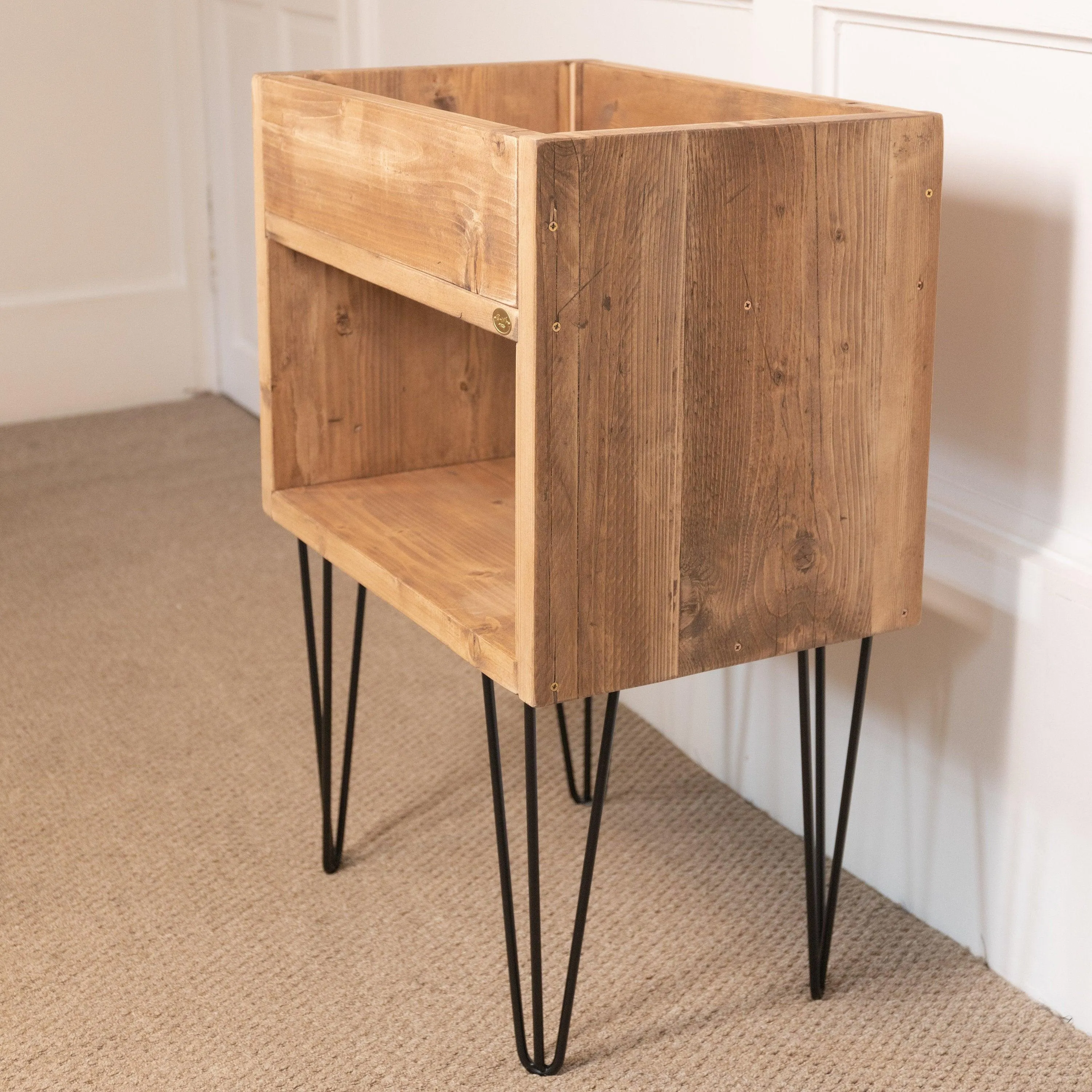TULASI: Reclaimed Handmade Wood Indoor Planter and Storage Unit with Hairpin Legs