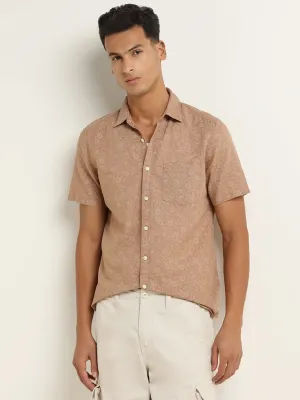 WES Casuals Light Brown Printed Cotton Shirt
